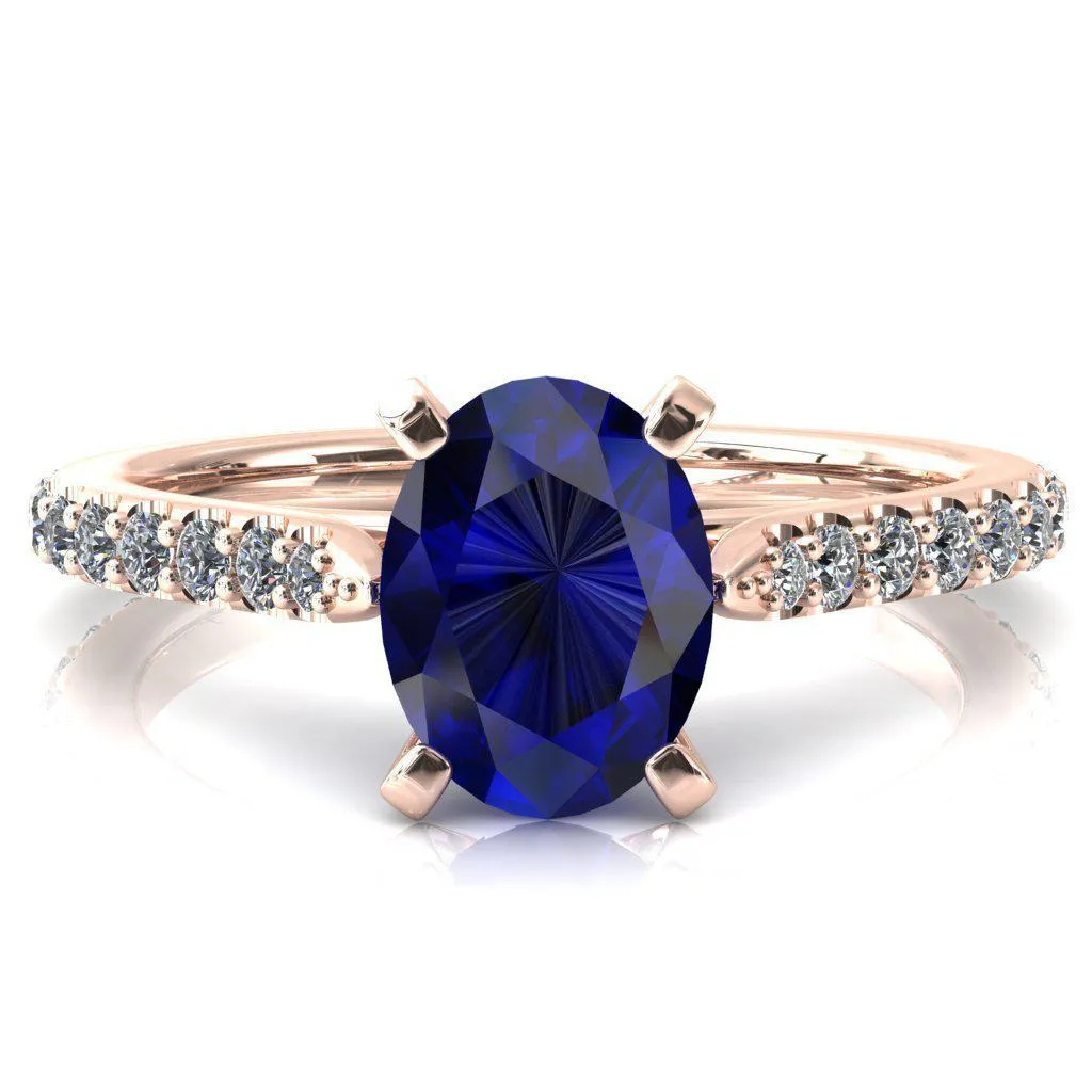 Kelsy Oval Blue Sapphire 4 Prong 3/4 Shared Scalloped Inverted Cathedral Ring