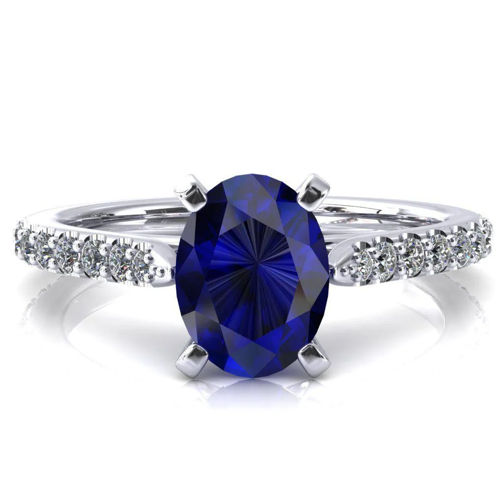 Kelsy Oval Blue Sapphire 4 Prong 3/4 Shared Scalloped Inverted Cathedral Ring