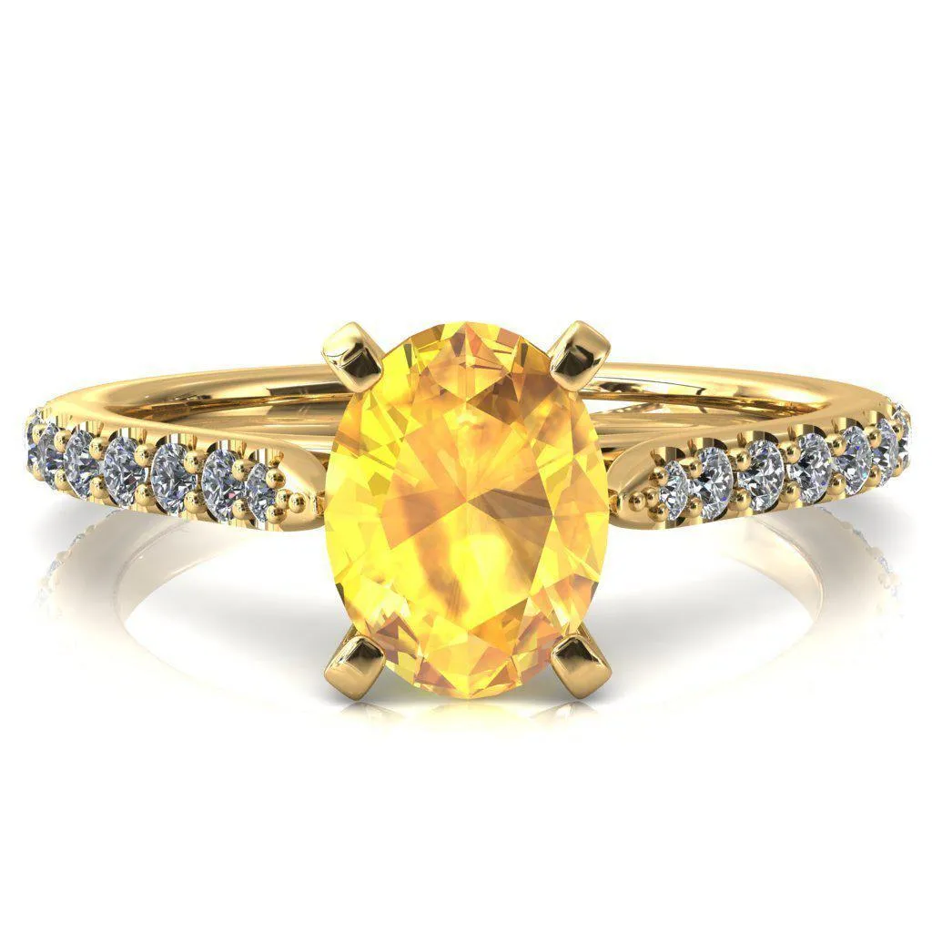 Kelsy Oval Yellow Sapphire 4 Prong 3/4 Shared Scalloped Inverted Cathedral Ring