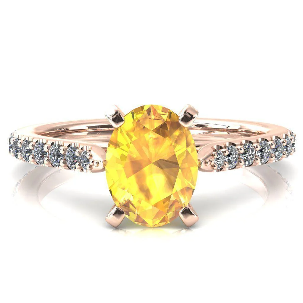 Kelsy Oval Yellow Sapphire 4 Prong 3/4 Shared Scalloped Inverted Cathedral Ring