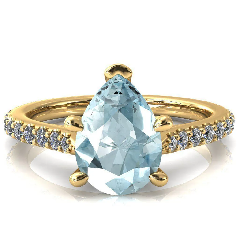 Kelsy Pear Aqua Blue Spinel 5 Prong 3/4 Shared Scalloped Inverted Cathedral Ring