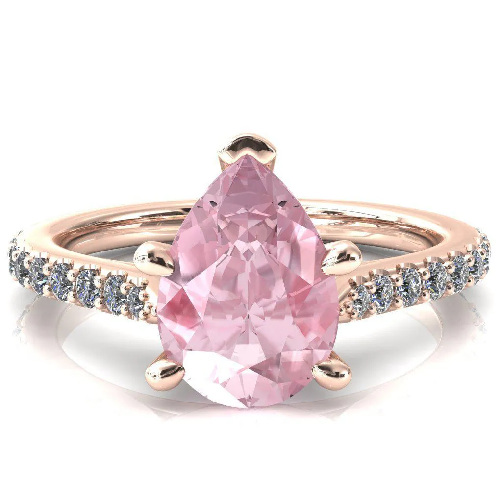 Kelsy Pear Pink Sapphire 5 Prong 3/4 Shared Scalloped Inverted Cathedral Ring