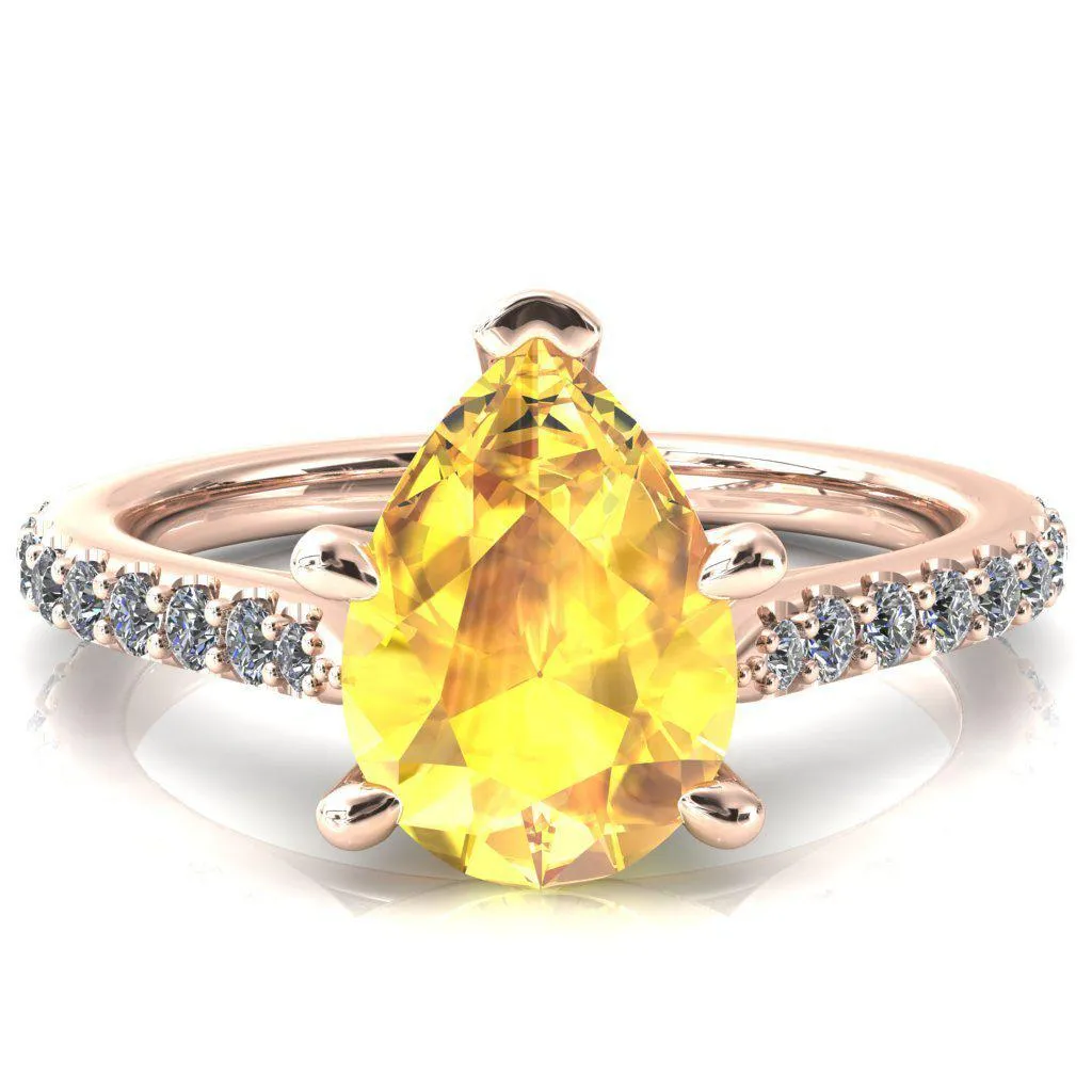 Kelsy Pear Yellow Sapphire 5 Prong 3/4 Shared Scalloped Inverted Cathedral Ring