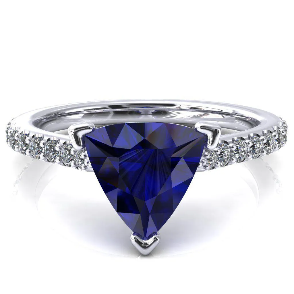 Kelsy Trillion Blue Sapphire 3 Prong 3/4 Shared Scalloped Inverted Cathedral Ring