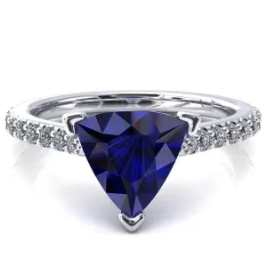 Kelsy Trillion Blue Sapphire 3 Prong 3/4 Shared Scalloped Inverted Cathedral Ring