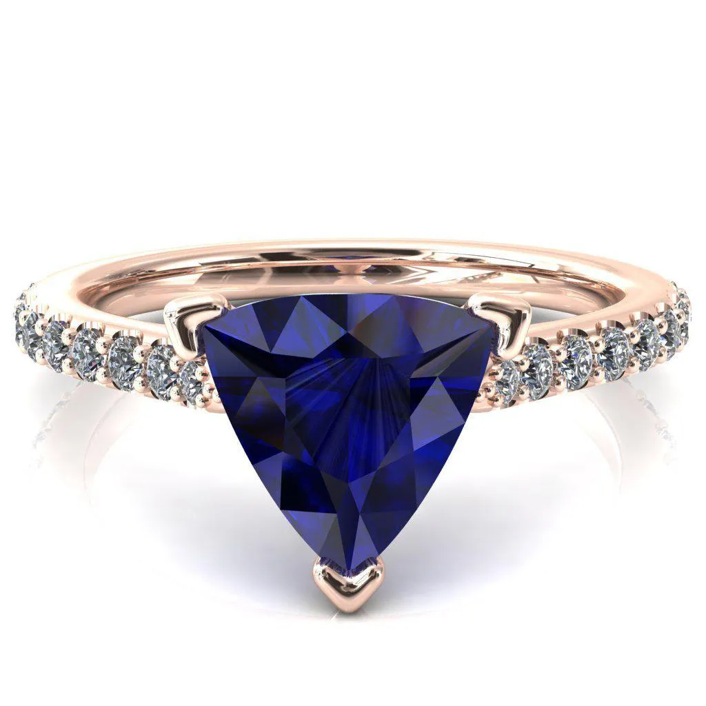 Kelsy Trillion Blue Sapphire 3 Prong 3/4 Shared Scalloped Inverted Cathedral Ring