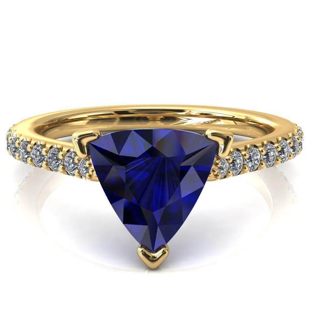 Kelsy Trillion Blue Sapphire 3 Prong 3/4 Shared Scalloped Inverted Cathedral Ring
