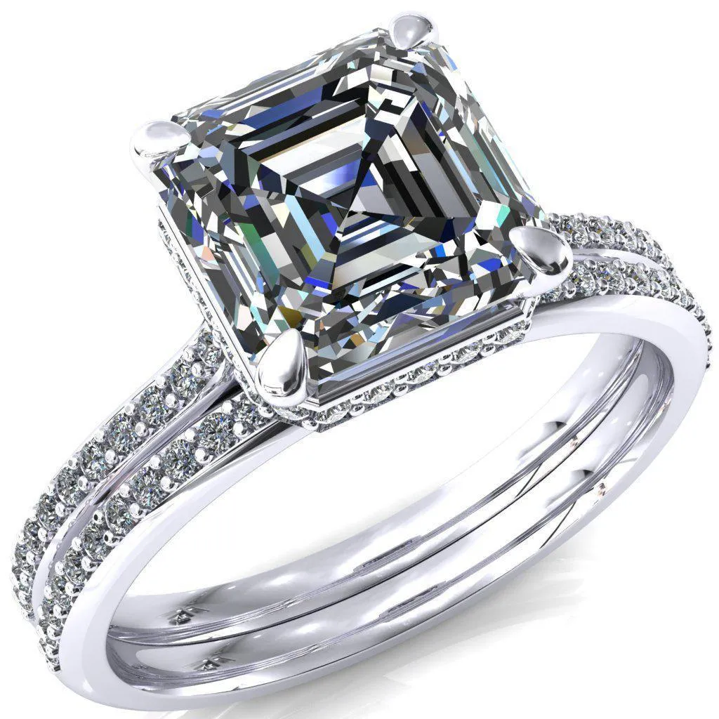 Kiki Asscher Moissanite 4 Prongs Claw Floating Halo 1/2 Pinpoint Inverted Cathedral Ring