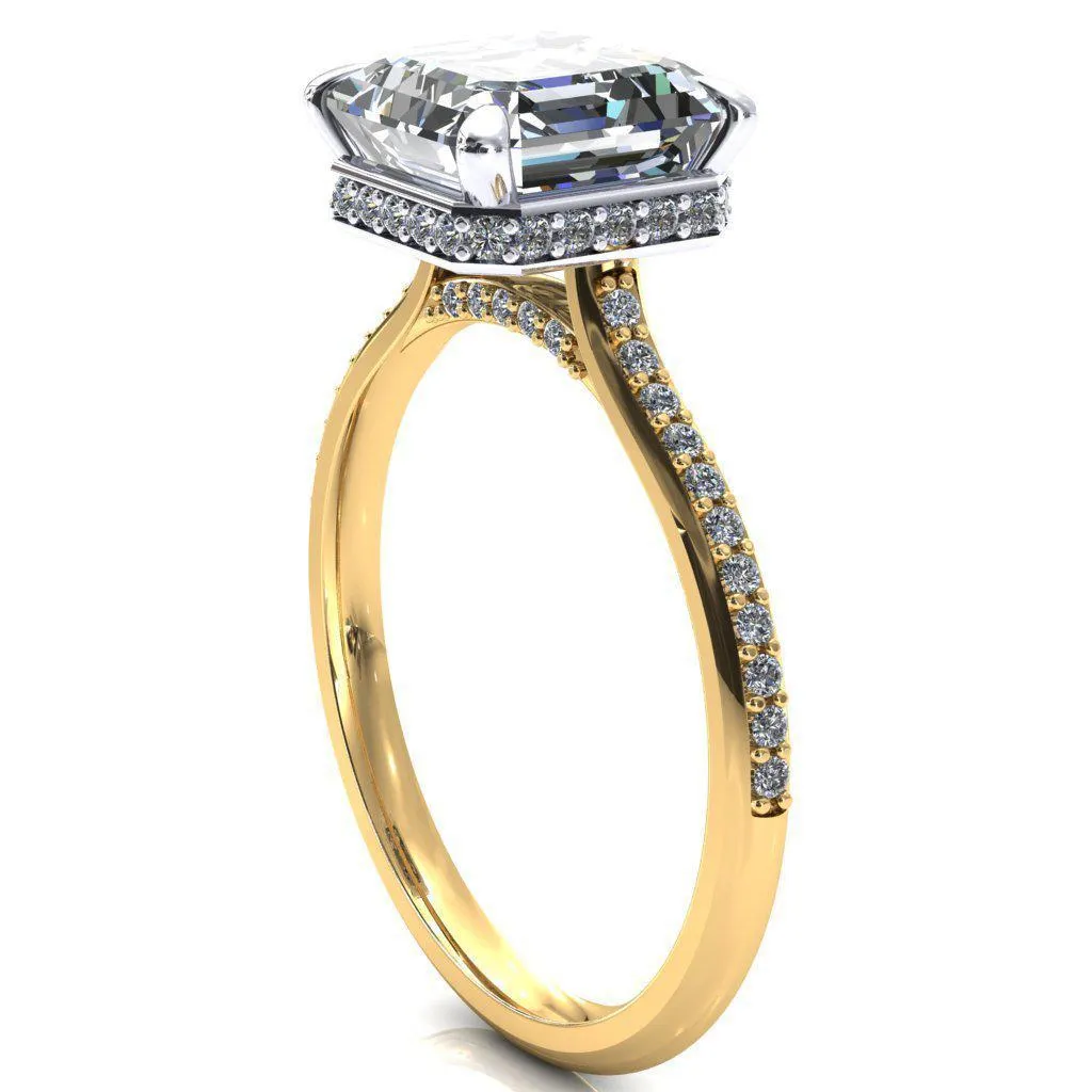 Kiki Asscher Moissanite 4 Prongs Claw Floating Halo 1/2 Pinpoint Inverted Cathedral Ring