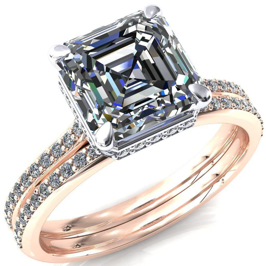 Kiki Asscher Moissanite 4 Prongs Claw Floating Halo 1/2 Pinpoint Inverted Cathedral Ring