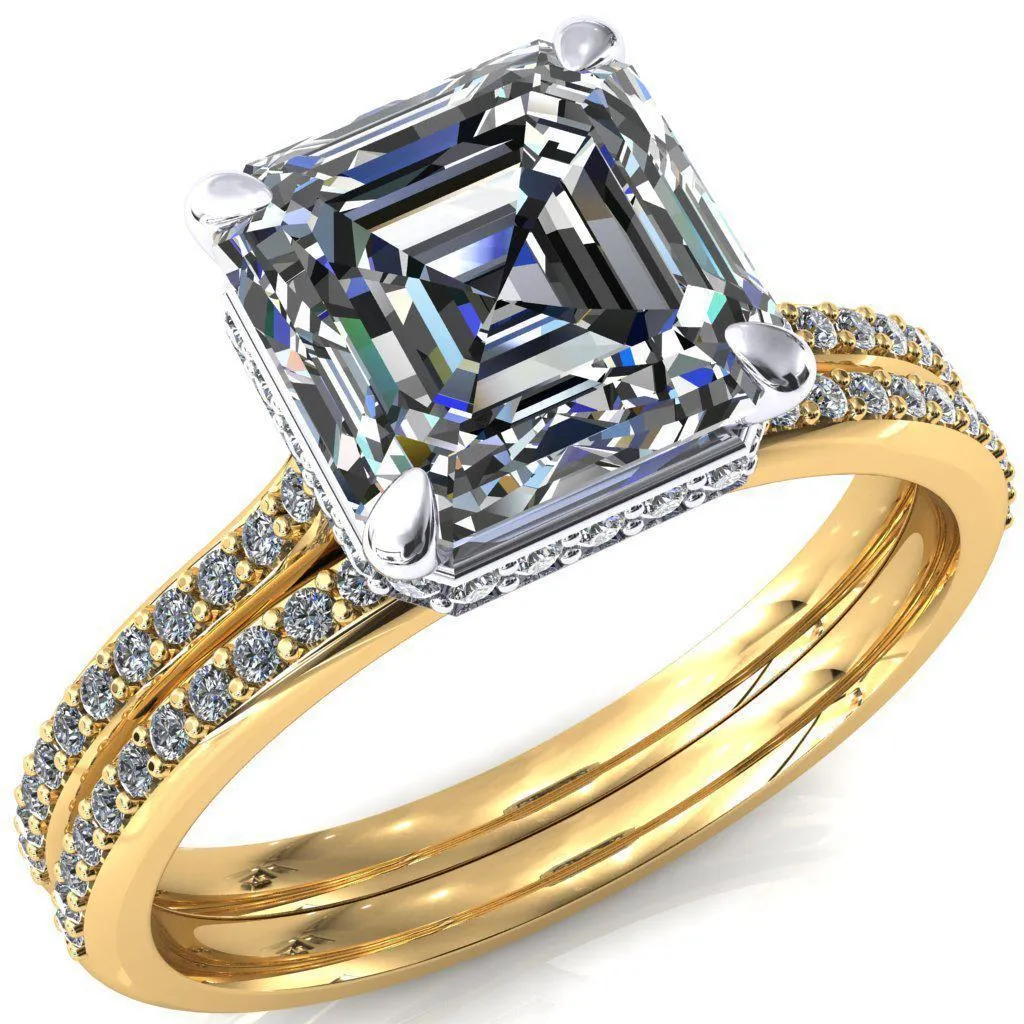 Kiki Asscher Moissanite 4 Prongs Claw Floating Halo 1/2 Pinpoint Inverted Cathedral Ring