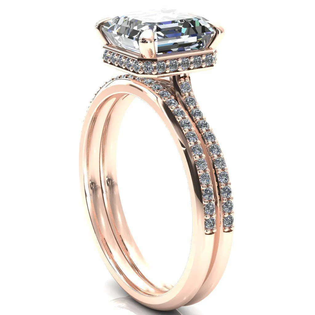 Kiki Asscher Moissanite 4 Prongs Claw Floating Halo 1/2 Pinpoint Inverted Cathedral Ring