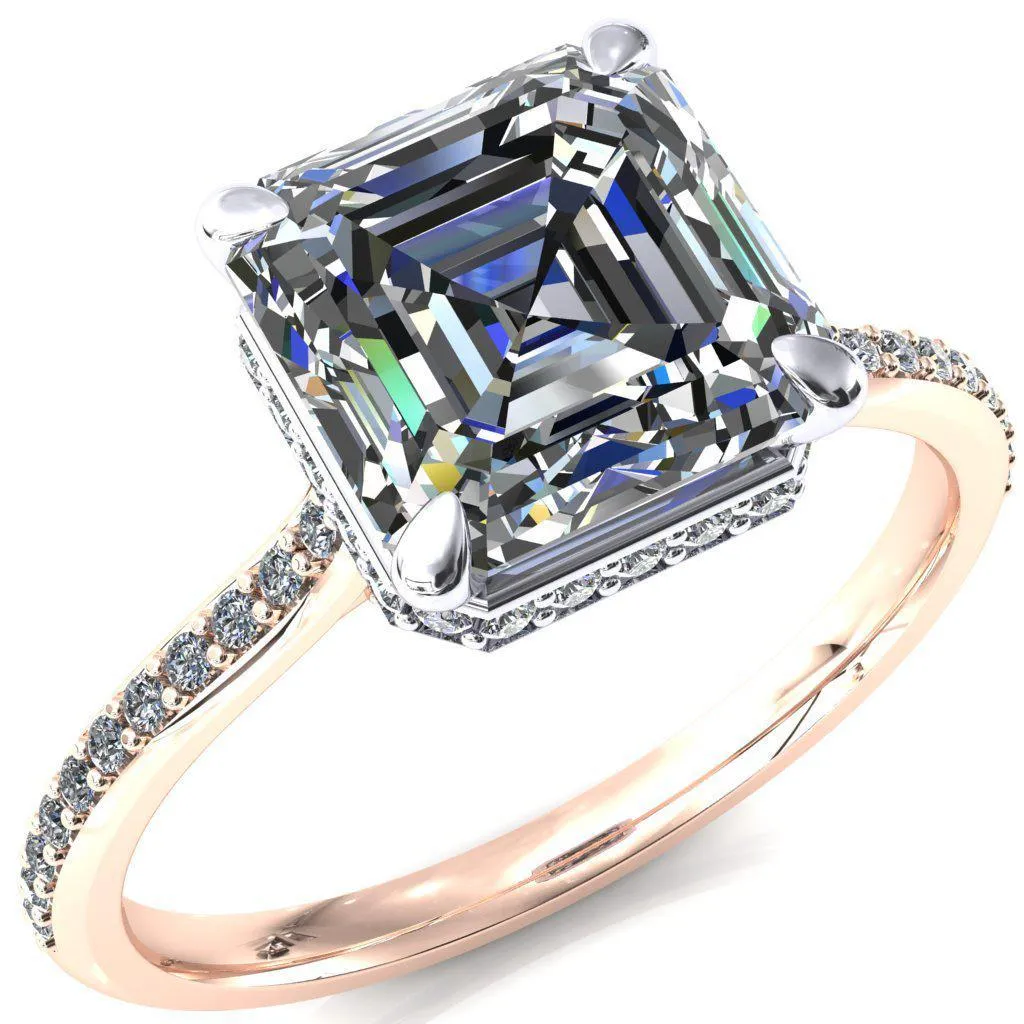 Kiki Asscher Moissanite 4 Prongs Claw Floating Halo 1/2 Pinpoint Inverted Cathedral Ring