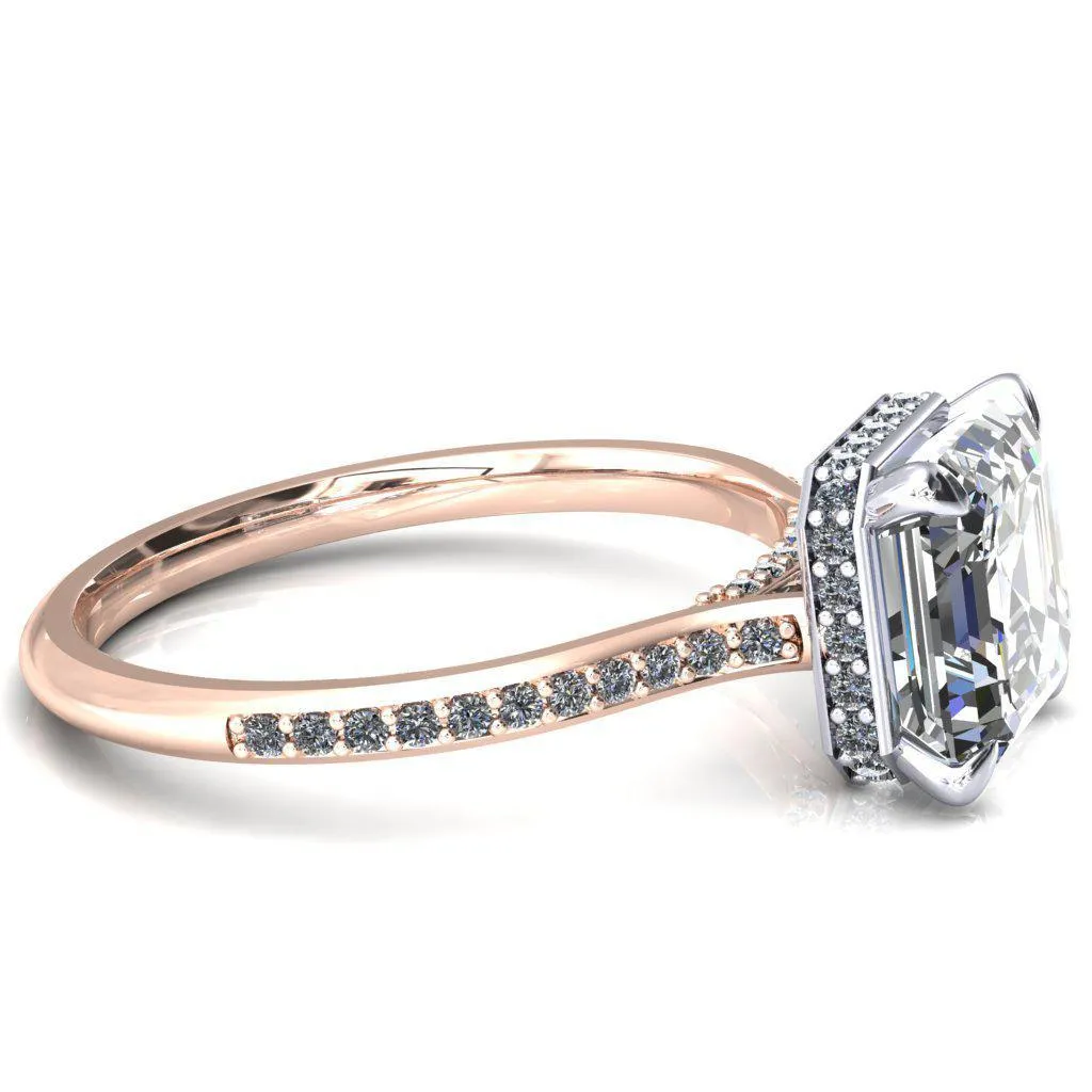 Kiki Asscher Moissanite 4 Prongs Claw Floating Halo 1/2 Pinpoint Inverted Cathedral Ring