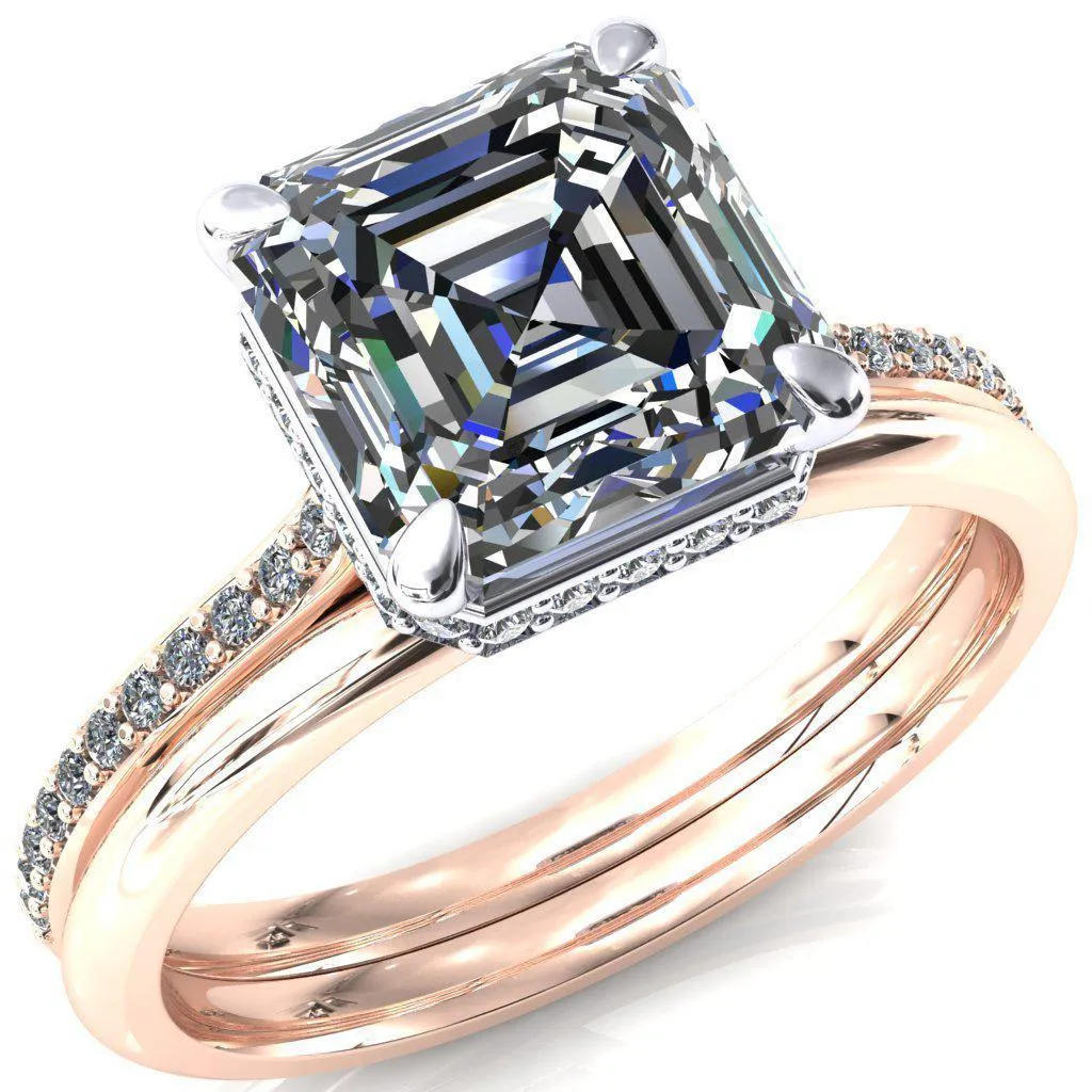 Kiki Asscher Moissanite 4 Prongs Claw Floating Halo 1/2 Pinpoint Inverted Cathedral Ring