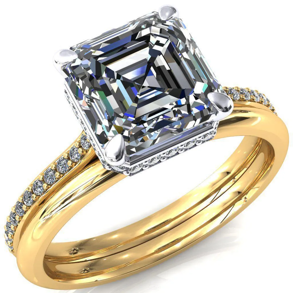 Kiki Asscher Moissanite 4 Prongs Claw Floating Halo 1/2 Pinpoint Inverted Cathedral Ring