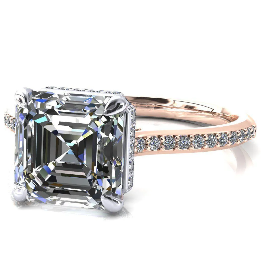 Kiki Asscher Moissanite 4 Prongs Claw Floating Halo 1/2 Pinpoint Inverted Cathedral Ring