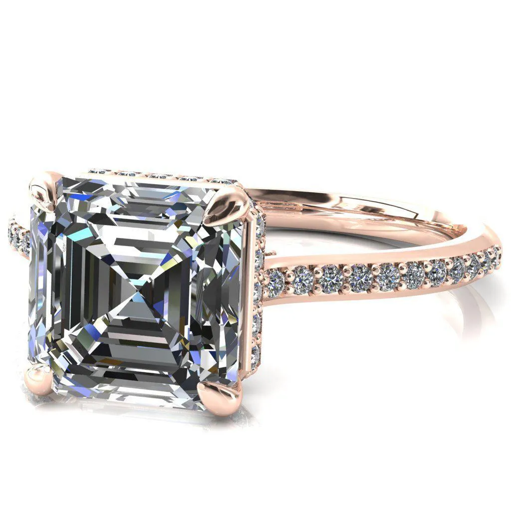 Kiki Asscher Moissanite 4 Prongs Claw Floating Halo 1/2 Pinpoint Inverted Cathedral Ring