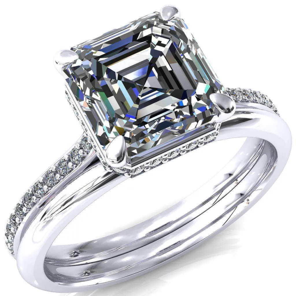 Kiki Asscher Moissanite 4 Prongs Claw Floating Halo 1/2 Pinpoint Inverted Cathedral Ring