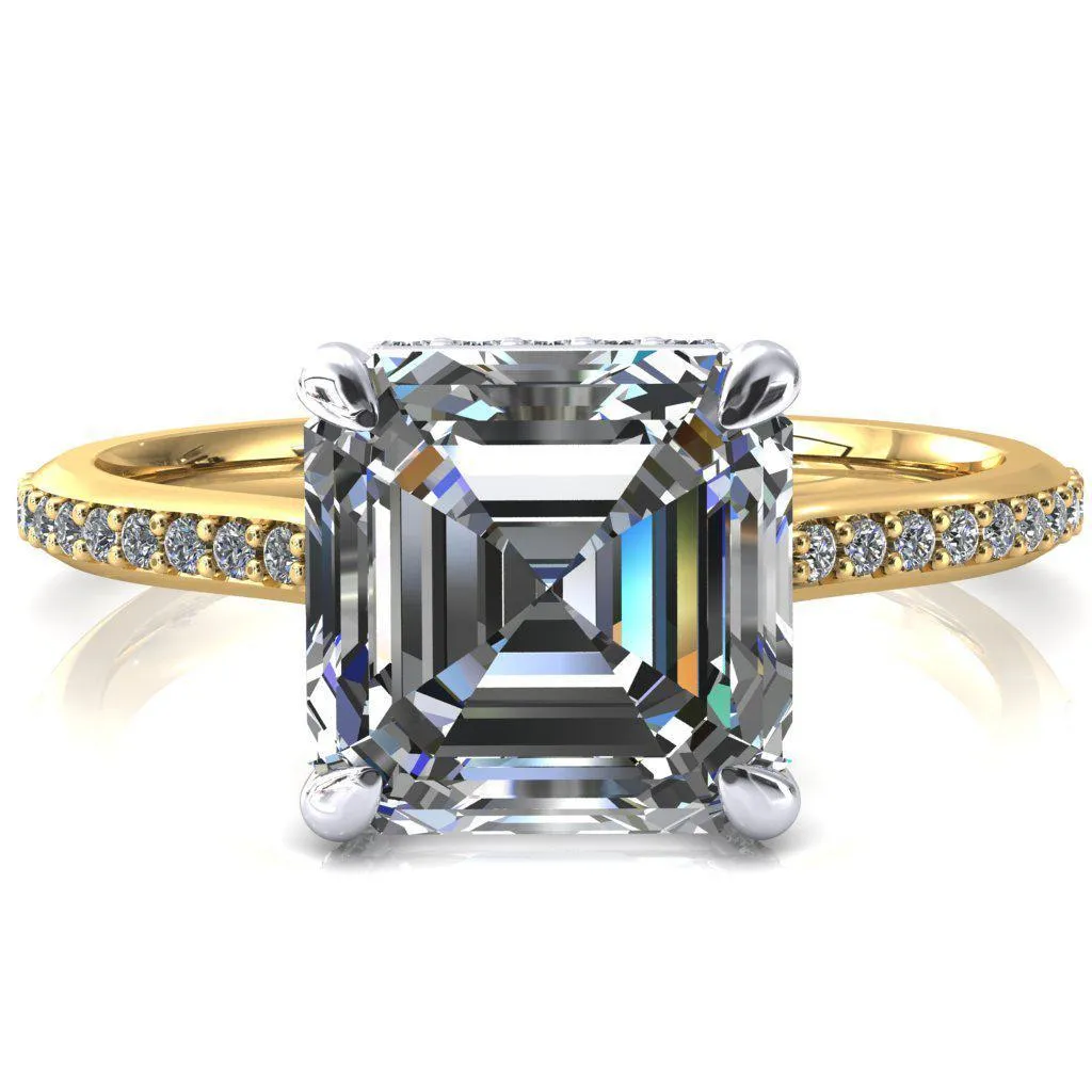 Kiki Asscher Moissanite 4 Prongs Claw Floating Halo 1/2 Pinpoint Inverted Cathedral Ring