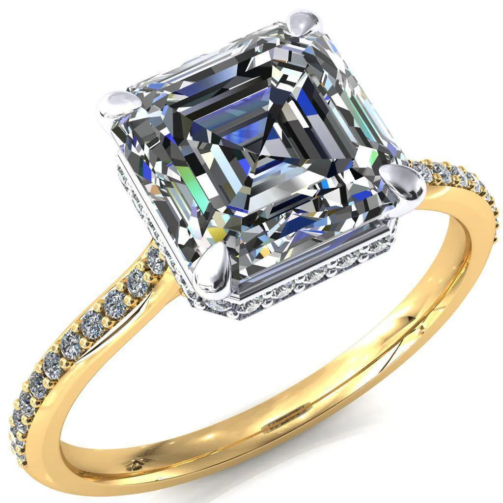 Kiki Asscher Moissanite 4 Prongs Claw Floating Halo 1/2 Pinpoint Inverted Cathedral Ring