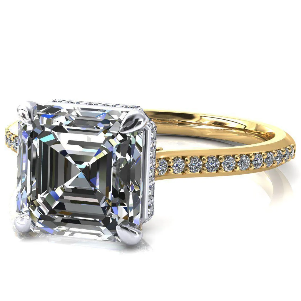 Kiki Asscher Moissanite 4 Prongs Claw Floating Halo 1/2 Pinpoint Inverted Cathedral Ring