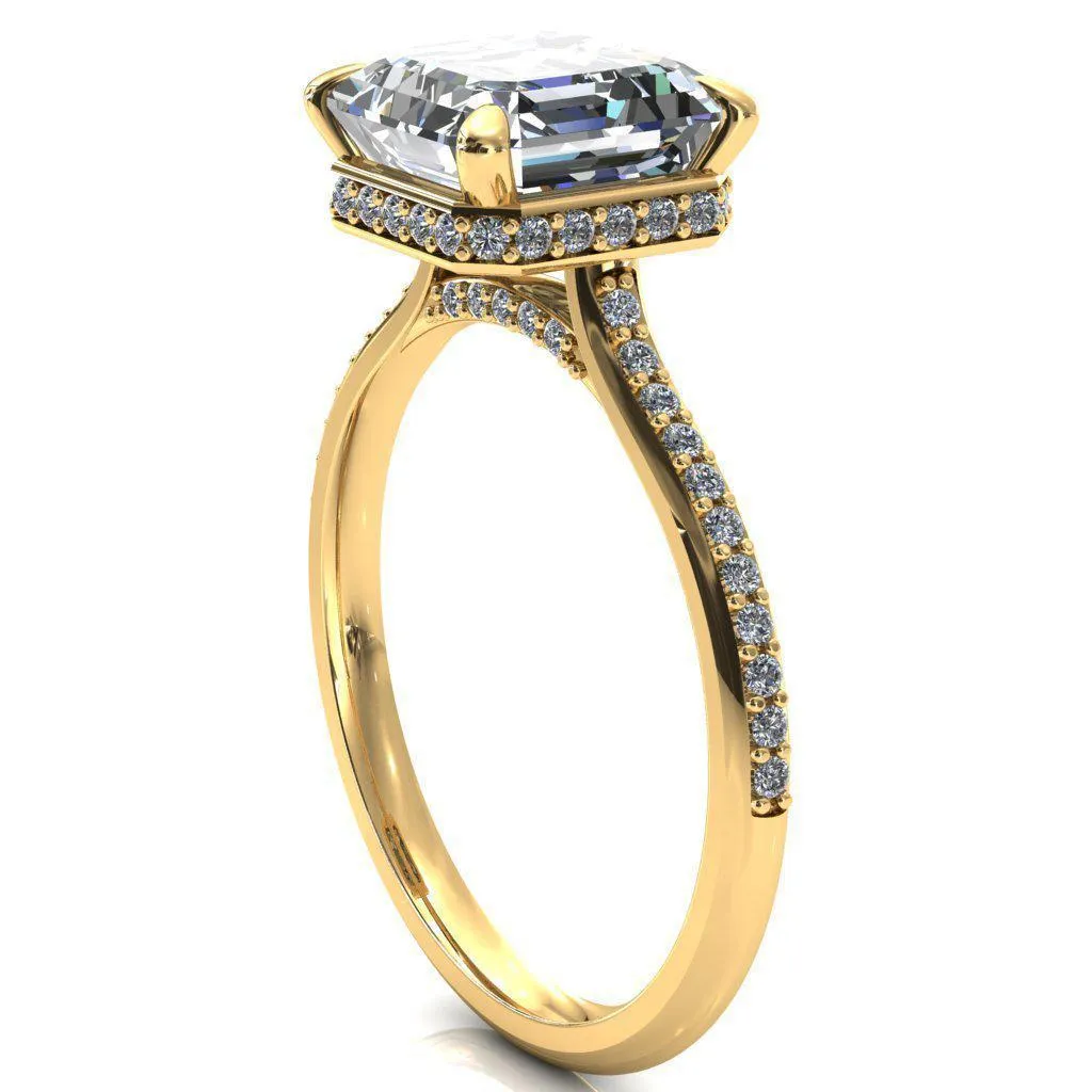 Kiki Asscher Moissanite 4 Prongs Claw Floating Halo 1/2 Pinpoint Inverted Cathedral Ring
