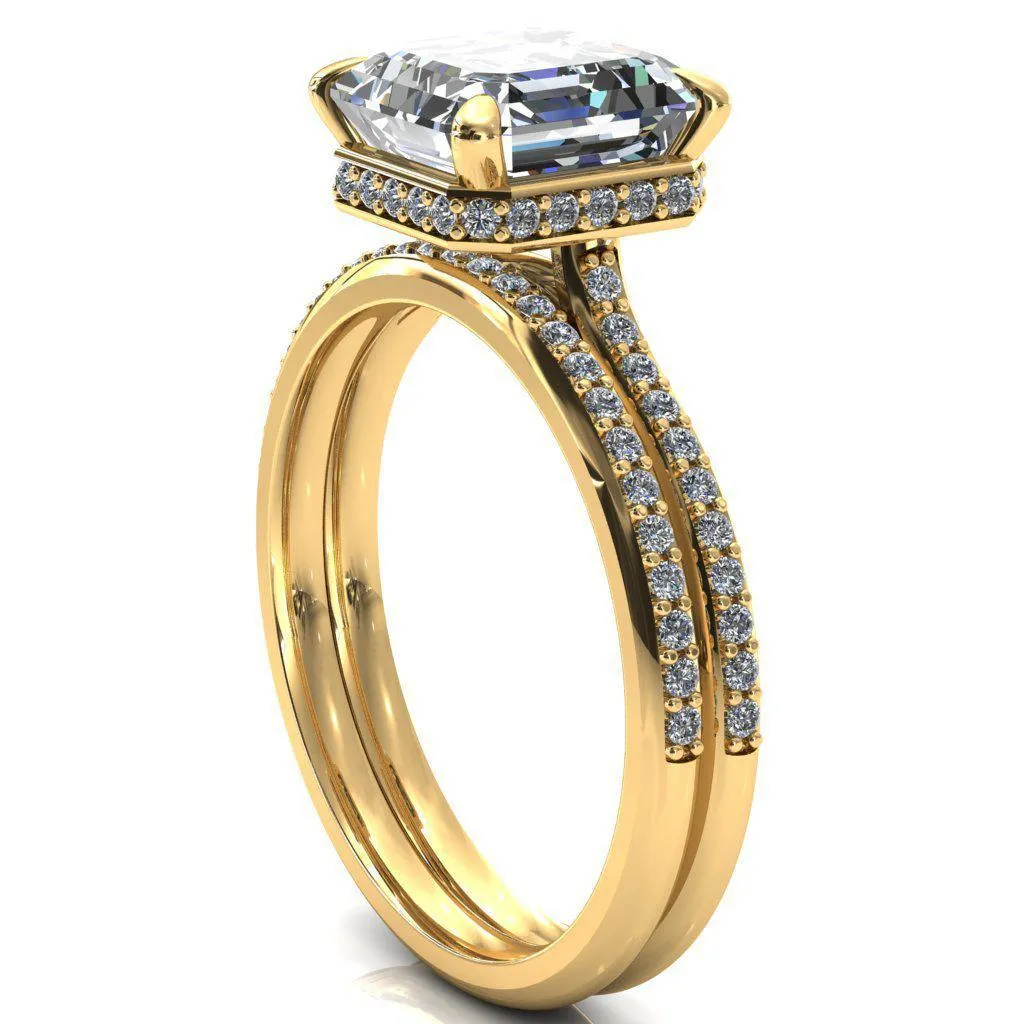 Kiki Asscher Moissanite 4 Prongs Claw Floating Halo 1/2 Pinpoint Inverted Cathedral Ring
