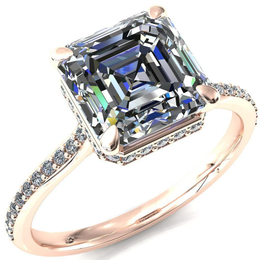 Kiki Asscher Moissanite 4 Prongs Claw Floating Halo 1/2 Pinpoint Inverted Cathedral Ring