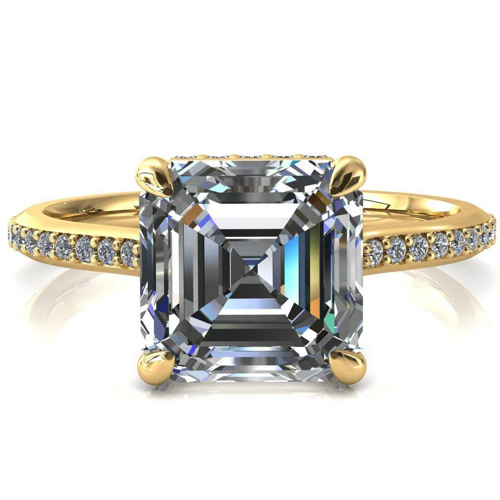 Kiki Asscher Moissanite 4 Prongs Claw Floating Halo 1/2 Pinpoint Inverted Cathedral Ring