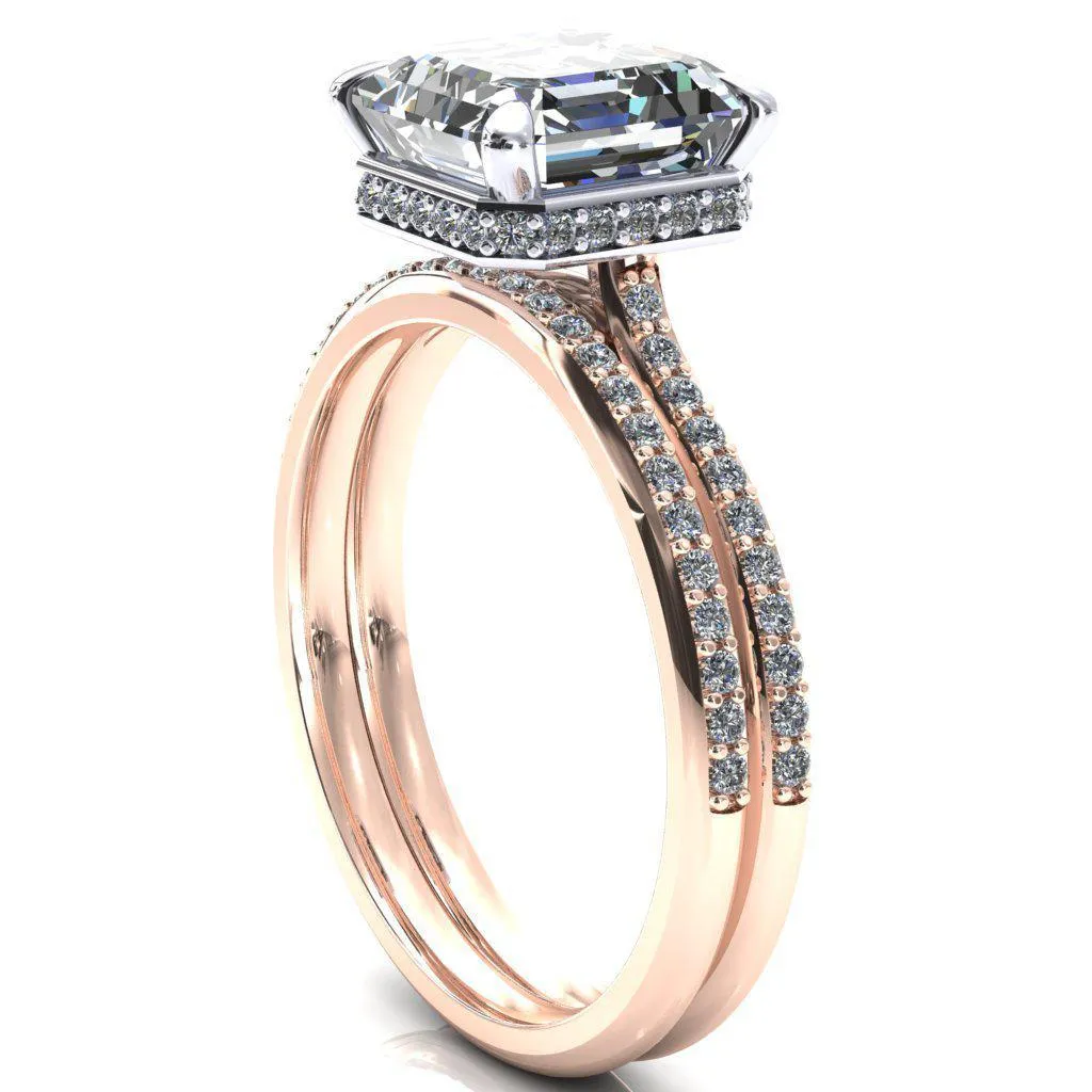 Kiki Asscher Moissanite 4 Prongs Claw Floating Halo 1/2 Pinpoint Inverted Cathedral Ring