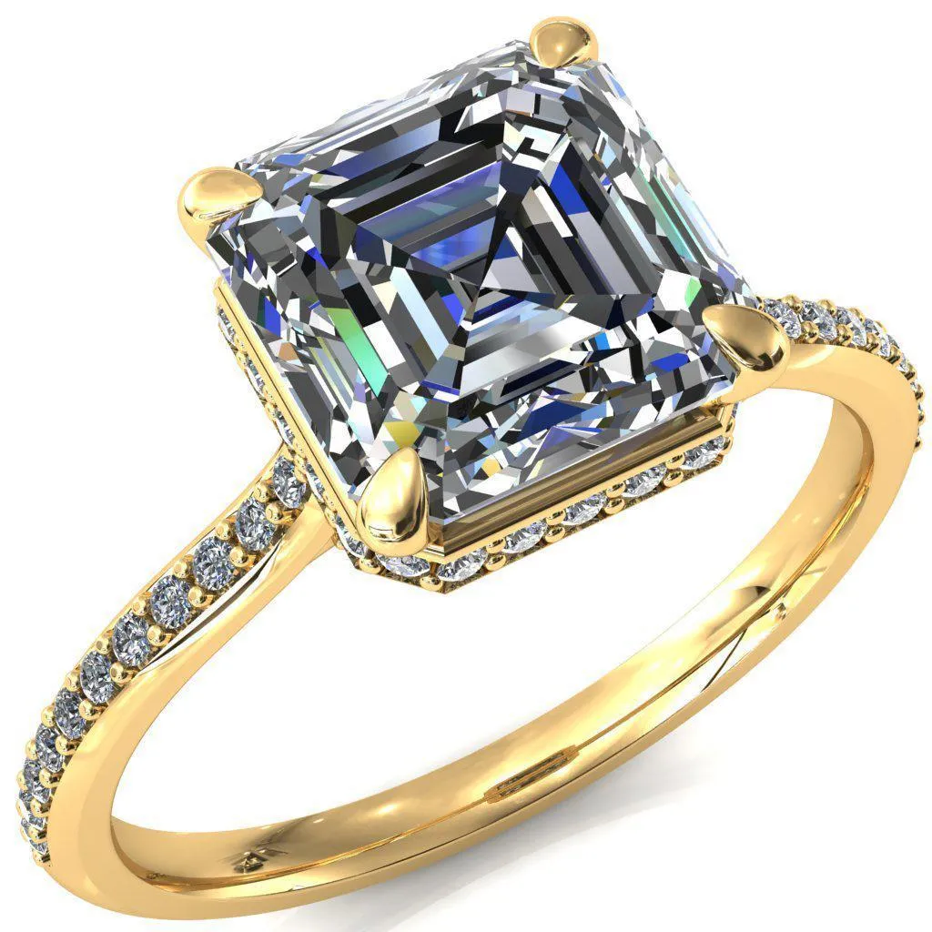 Kiki Asscher Moissanite 4 Prongs Claw Floating Halo 1/2 Pinpoint Inverted Cathedral Ring