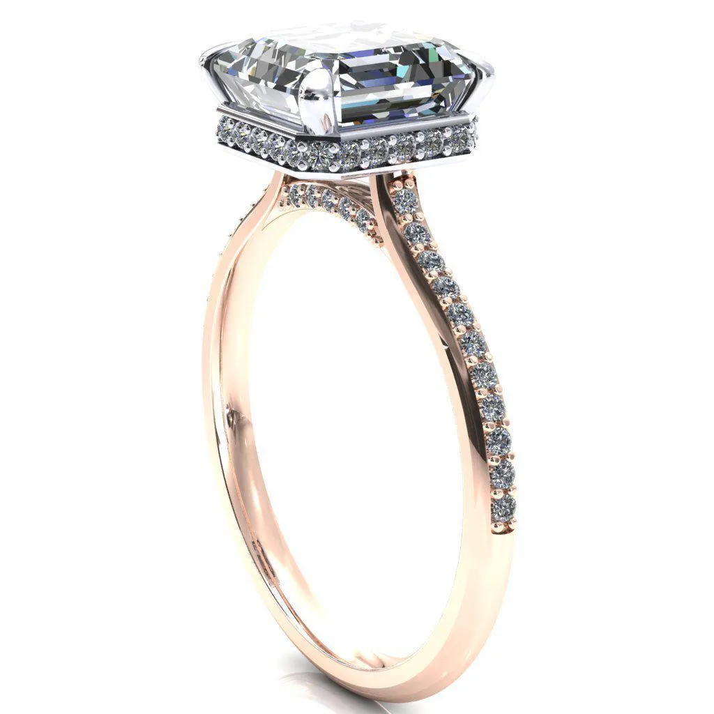 Kiki Asscher Moissanite 4 Prongs Claw Floating Halo 1/2 Pinpoint Inverted Cathedral Ring
