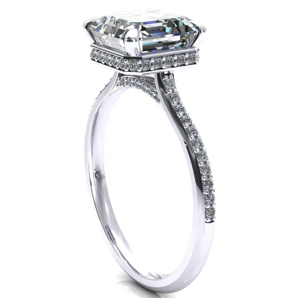 Kiki Asscher Moissanite 4 Prongs Claw Floating Halo 1/2 Pinpoint Inverted Cathedral Ring