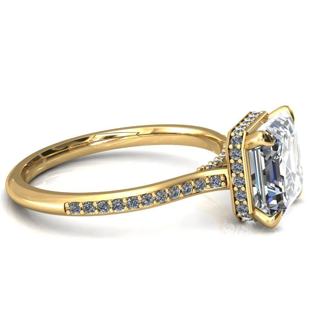 Kiki Asscher Moissanite 4 Prongs Claw Floating Halo 1/2 Pinpoint Inverted Cathedral Ring