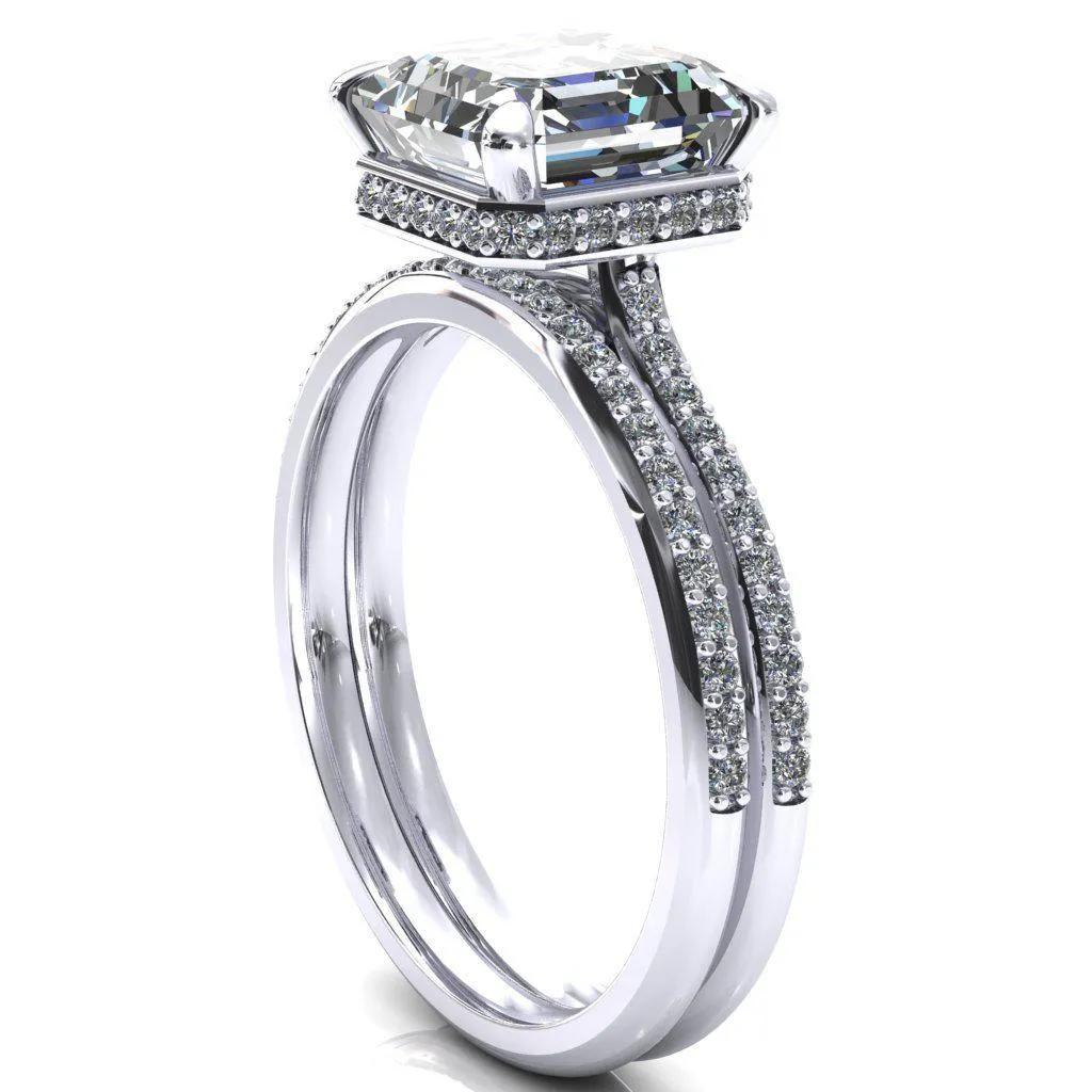 Kiki Asscher Moissanite 4 Prongs Claw Floating Halo 1/2 Pinpoint Inverted Cathedral Ring