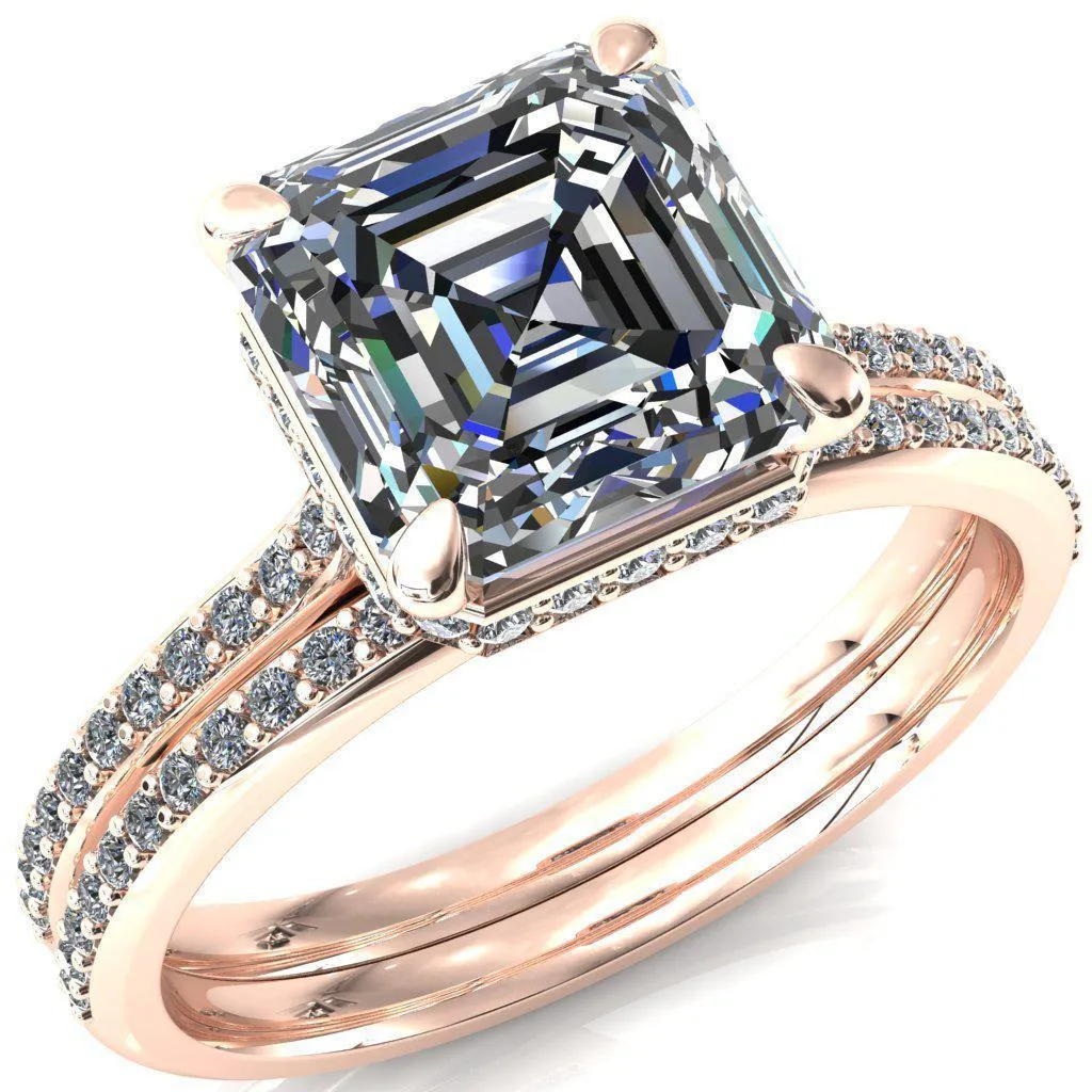 Kiki Asscher Moissanite 4 Prongs Claw Floating Halo 1/2 Pinpoint Inverted Cathedral Ring