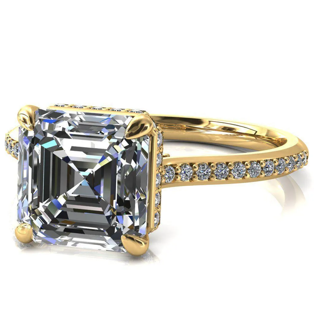 Kiki Asscher Moissanite 4 Prongs Claw Floating Halo 1/2 Pinpoint Inverted Cathedral Ring