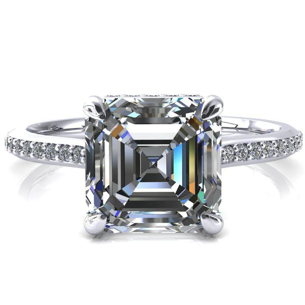 Kiki Asscher Moissanite 4 Prongs Claw Floating Halo 1/2 Pinpoint Inverted Cathedral Ring