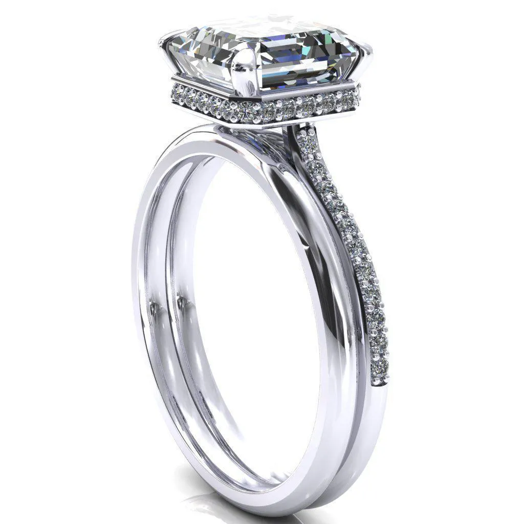 Kiki Asscher Moissanite 4 Prongs Claw Floating Halo 1/2 Pinpoint Inverted Cathedral Ring