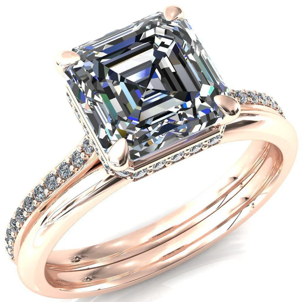 Kiki Asscher Moissanite 4 Prongs Claw Floating Halo 1/2 Pinpoint Inverted Cathedral Ring