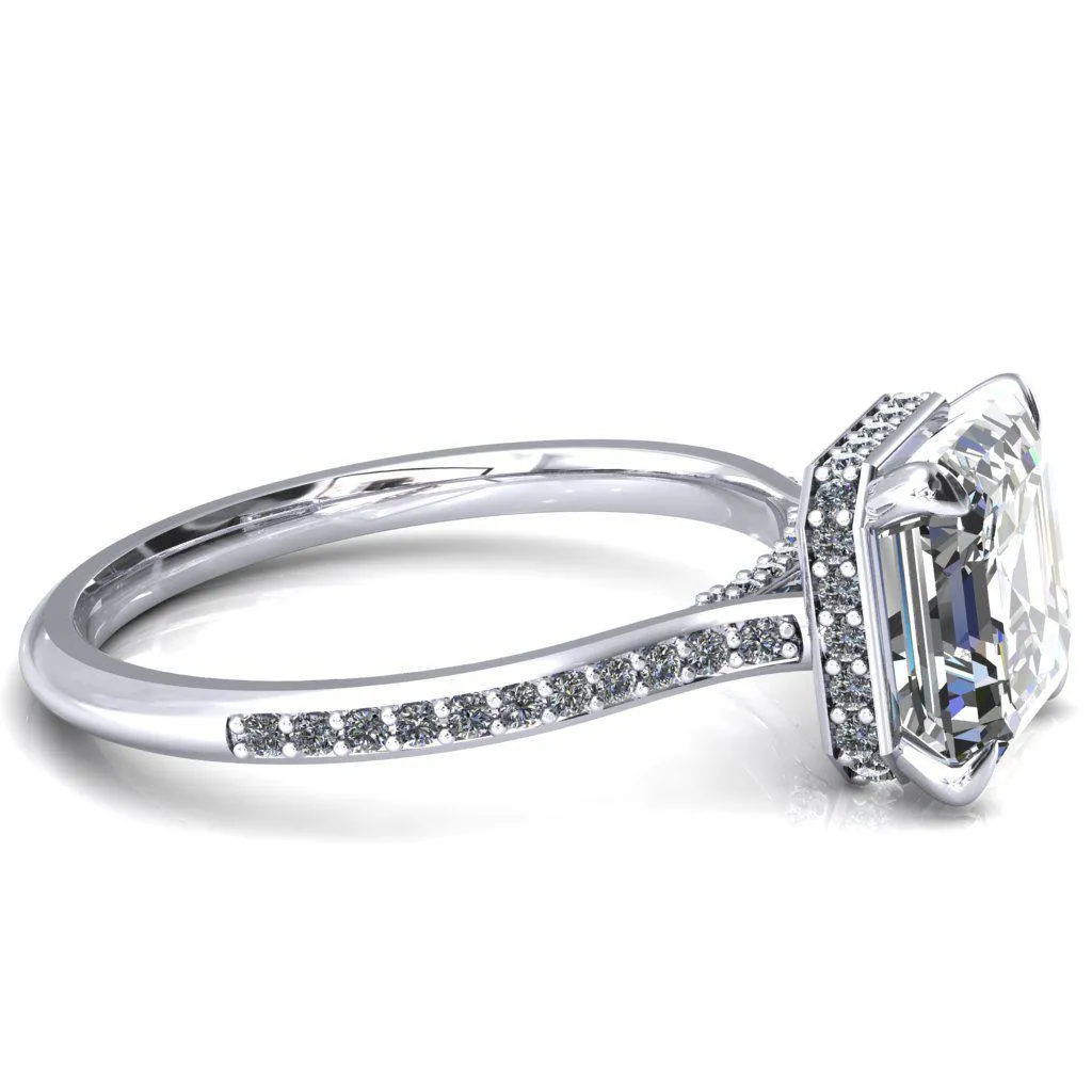 Kiki Asscher Moissanite 4 Prongs Claw Floating Halo 1/2 Pinpoint Inverted Cathedral Ring