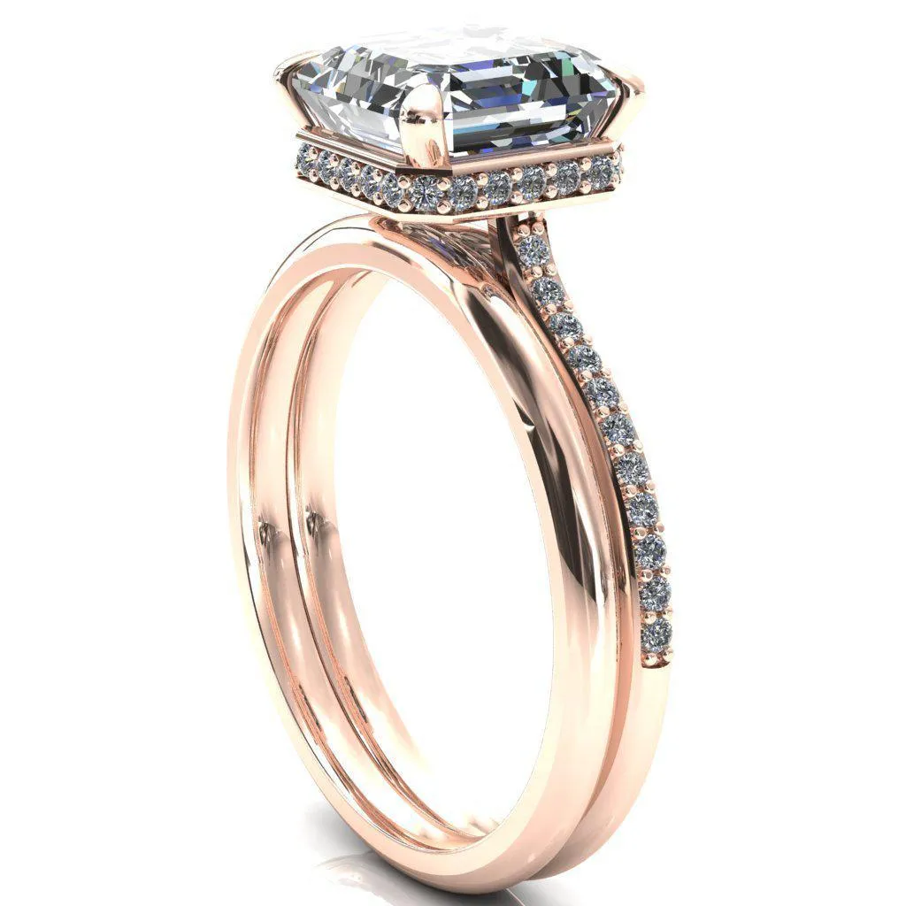 Kiki Asscher Moissanite 4 Prongs Claw Floating Halo 1/2 Pinpoint Inverted Cathedral Ring