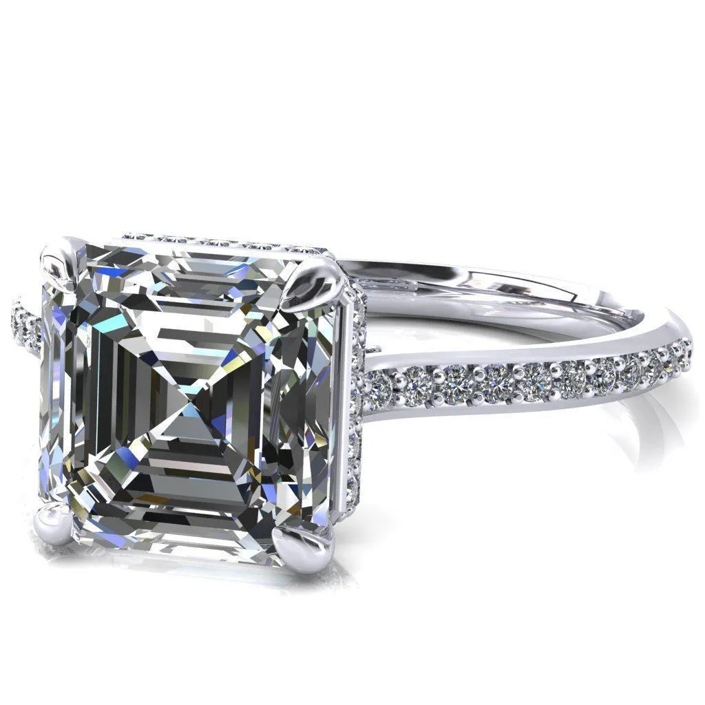 Kiki Asscher Moissanite 4 Prongs Claw Floating Halo 1/2 Pinpoint Inverted Cathedral Ring