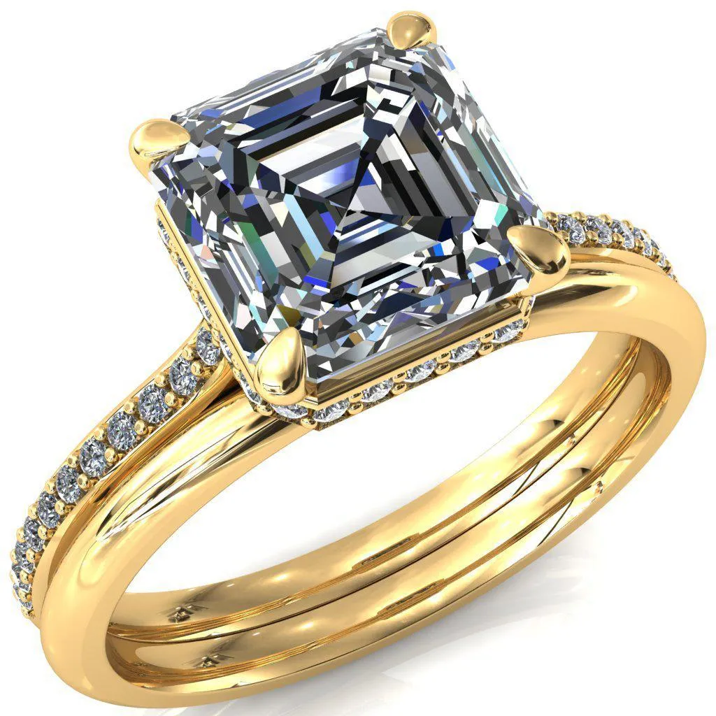 Kiki Asscher Moissanite 4 Prongs Claw Floating Halo 1/2 Pinpoint Inverted Cathedral Ring