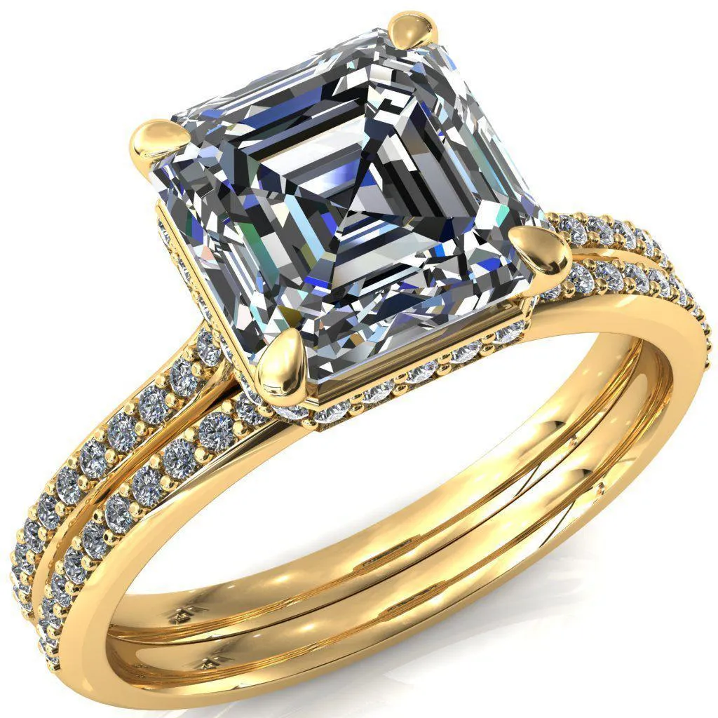Kiki Asscher Moissanite 4 Prongs Claw Floating Halo 1/2 Pinpoint Inverted Cathedral Ring