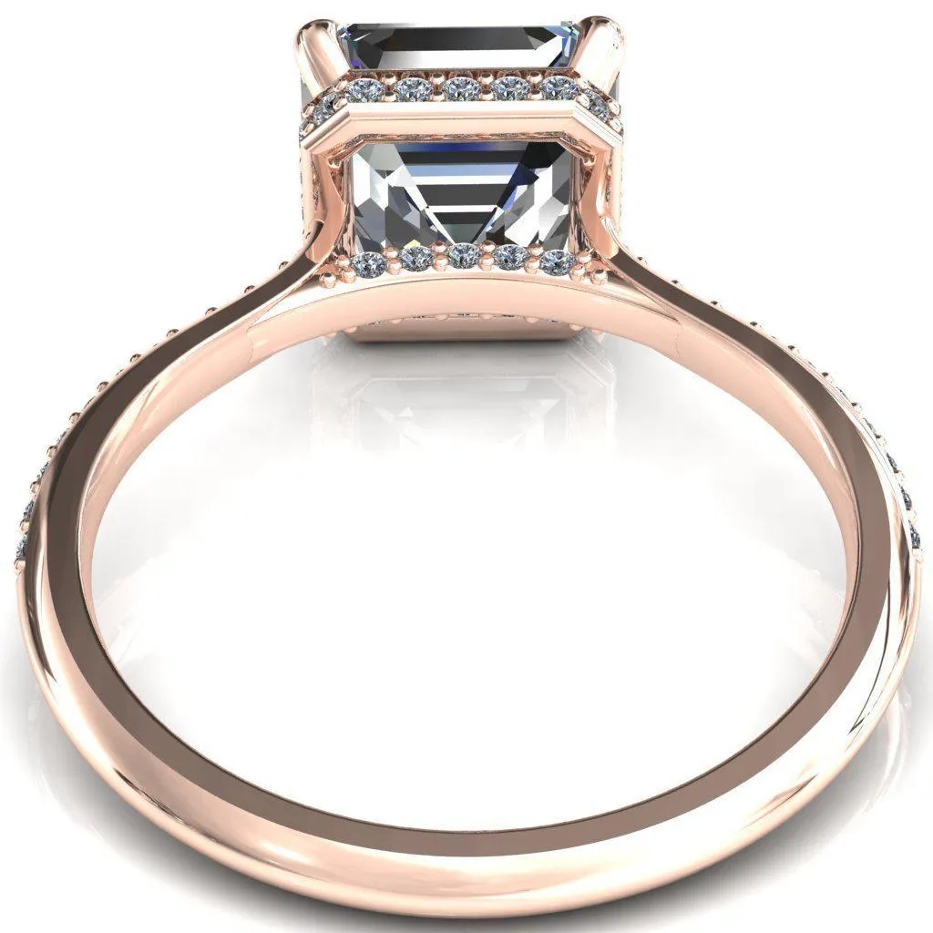 Kiki Asscher Moissanite 4 Prongs Claw Floating Halo 1/2 Pinpoint Inverted Cathedral Ring