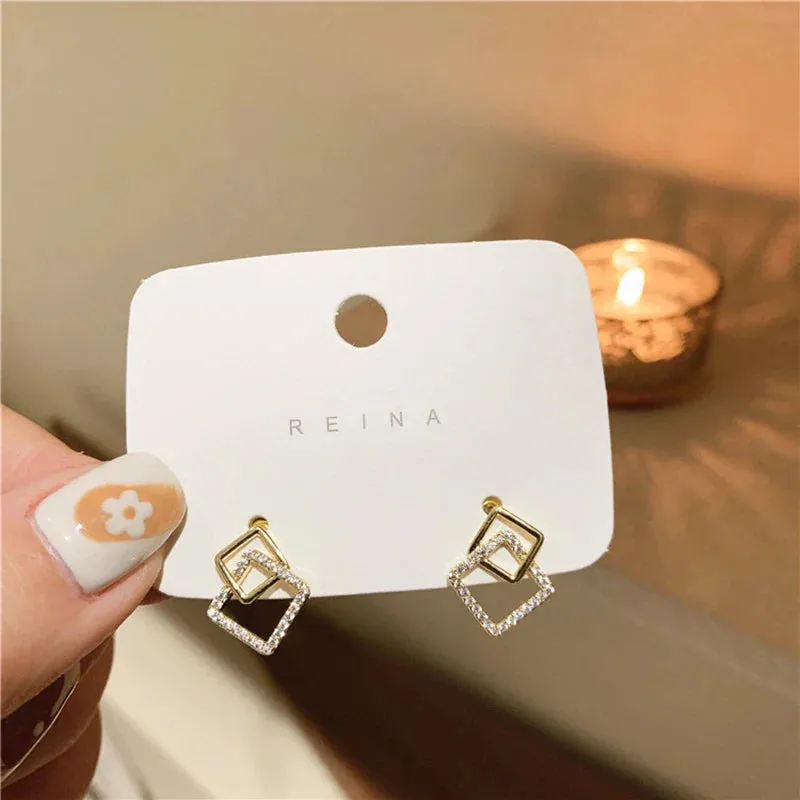 Korean Geometric Double Layers Rhombus Earrings for Women Gold Color Crystal Temperament Earring