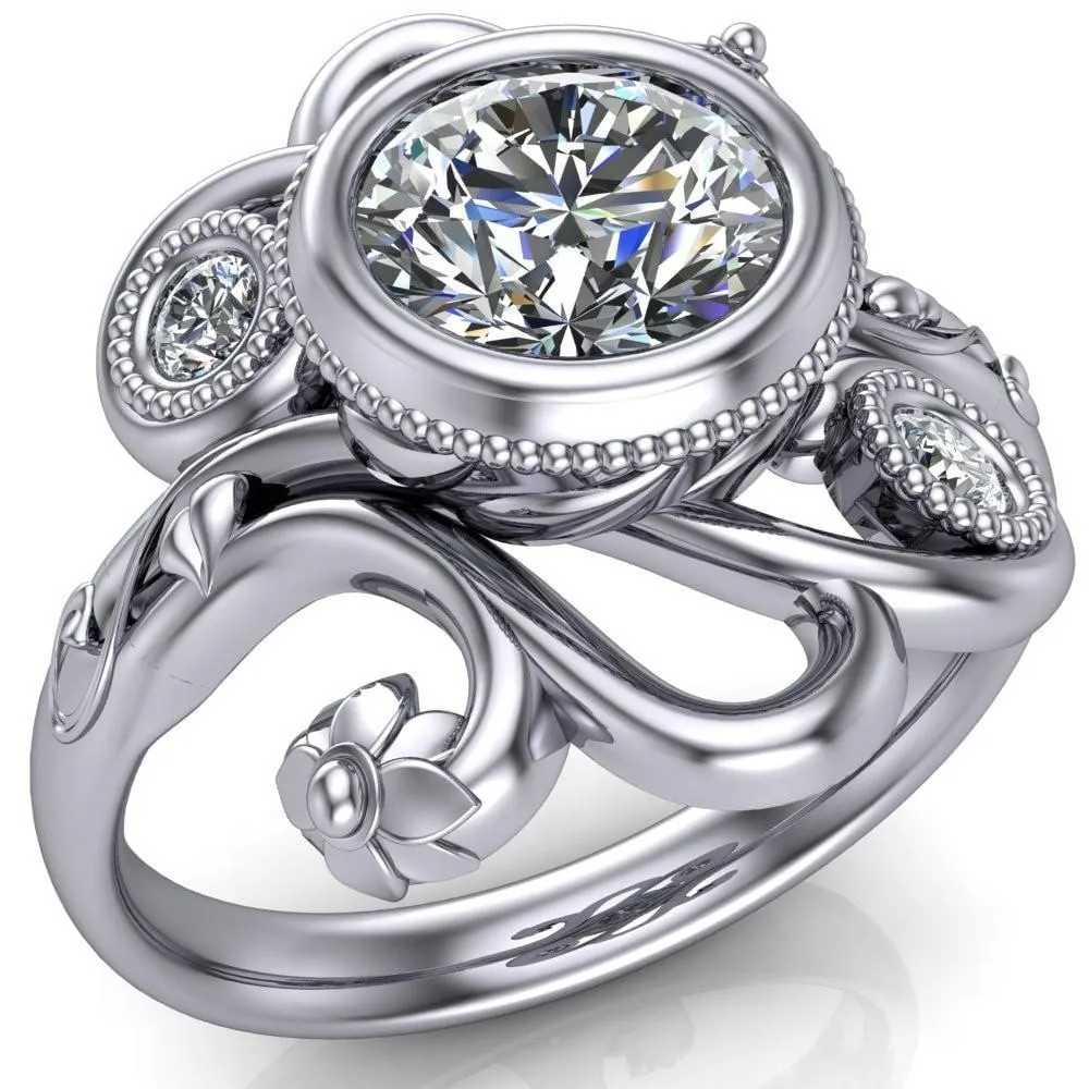 Kristy Round Center Stone Custom Floral Milgrain Cocktail with Diamond Bezels Ring