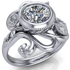 Kristy Round Center Stone Custom Floral Milgrain Cocktail with Diamond Bezels Ring